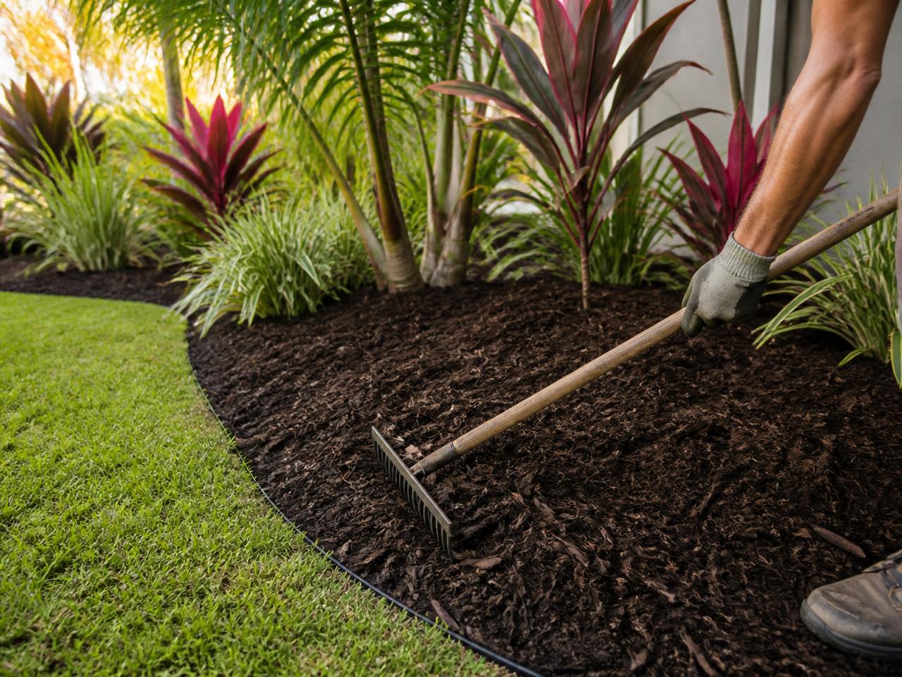 Fresh mulch raked into a tidy tropical garden bed in Townsville